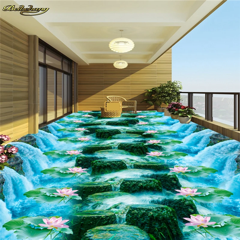 

beibehang Custom Photo Wallpaper Floor Painting Waterfall Lotus Creek Stone Pier Bridge Kitchen Living Room Walkway 3D Floor