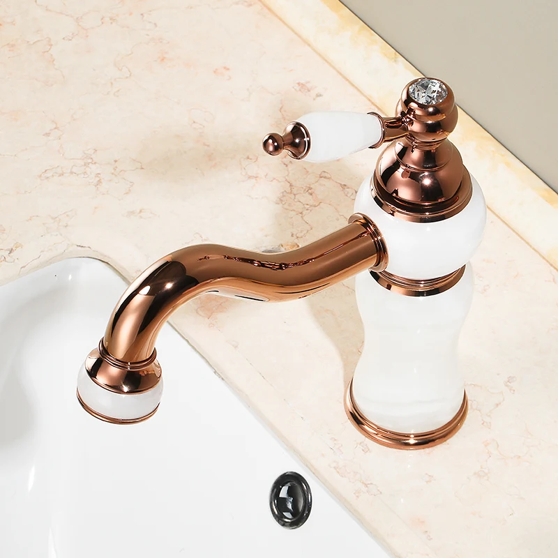 Luxury Rose Gold Brass Natural jade Bathroom Sink Faucet  Art Basin Mixer Taps Single Handle Lavatory Faucet--SM531