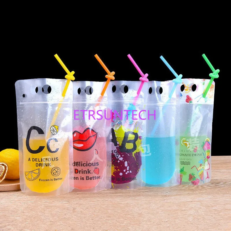 500Pcs/Lot 500ml New Design Plastic Drink Packaging Bag Pouch for Beverage Juice Milk Coffee, with Handle and Holes for Straw