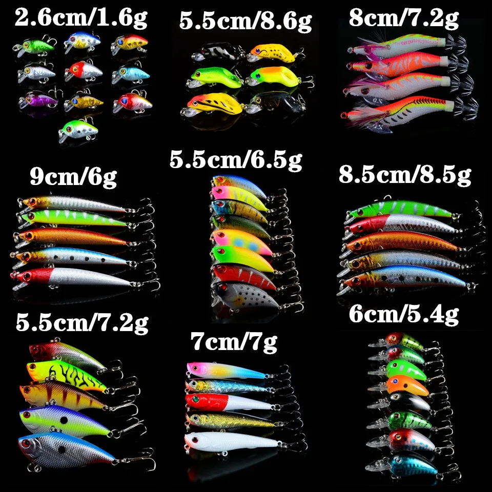 

56pcs/lot 9 Models Fishing Lures Minnow/Crank/Pencil/VIB lure and Hard Frog Sleeve-fish bait 56 Colors Wobblers Fishing Tackle