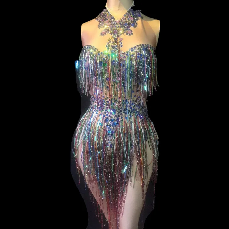 

Women Sexy Stage Bodysuit Colorful Tassel Sparkling Crystals Jumpsuit Nightclub Party Stage Wear Dancer Singer Bodysuits