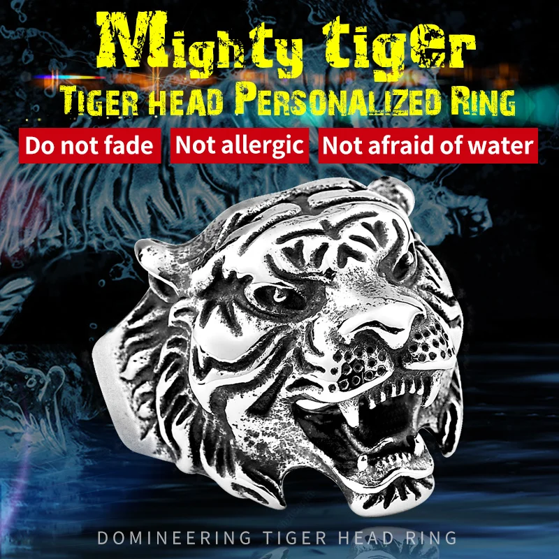 BEIER Stainless Steel Titanium Tiger Head Ring Men Personality Unique Men\'s Animal Amulet Jewelry good detail BR8-307 US size