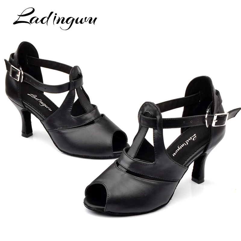 Ladingwu Black Genuine Leather Dance Shoes Woman Latin Comfortable Soft Bottom Salsa Dance Shoes Profession Ballroom Dance Shoes