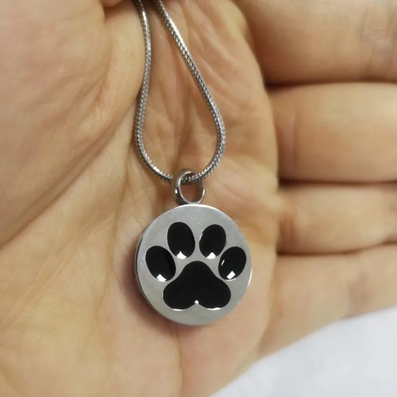 IJD8000 Black/White Paw Print Pet Memorial Urn Necklace for Dog/Cats Ashes Pendant,Bone Around Round Pet Dog Cremation Pendant