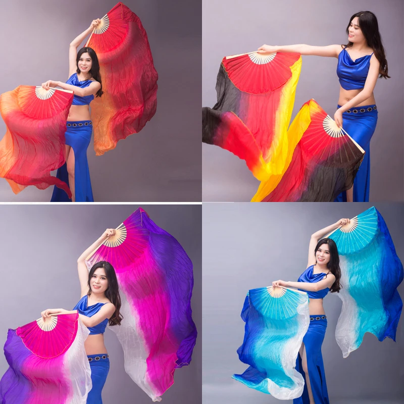 2019 Vertical color Belly Dance 100% real silk Fan Colorful  Left+Right 2pcs real silk Fan Veils for Oriental Dance Fans S/M/L