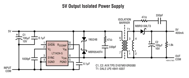 LT1424CS8-5 LT1424IS8-5 LT1424CS8-9 LT1424IS8-9 LT1424 - Isolated Flyback Switching Regulator with 5V/9V Output