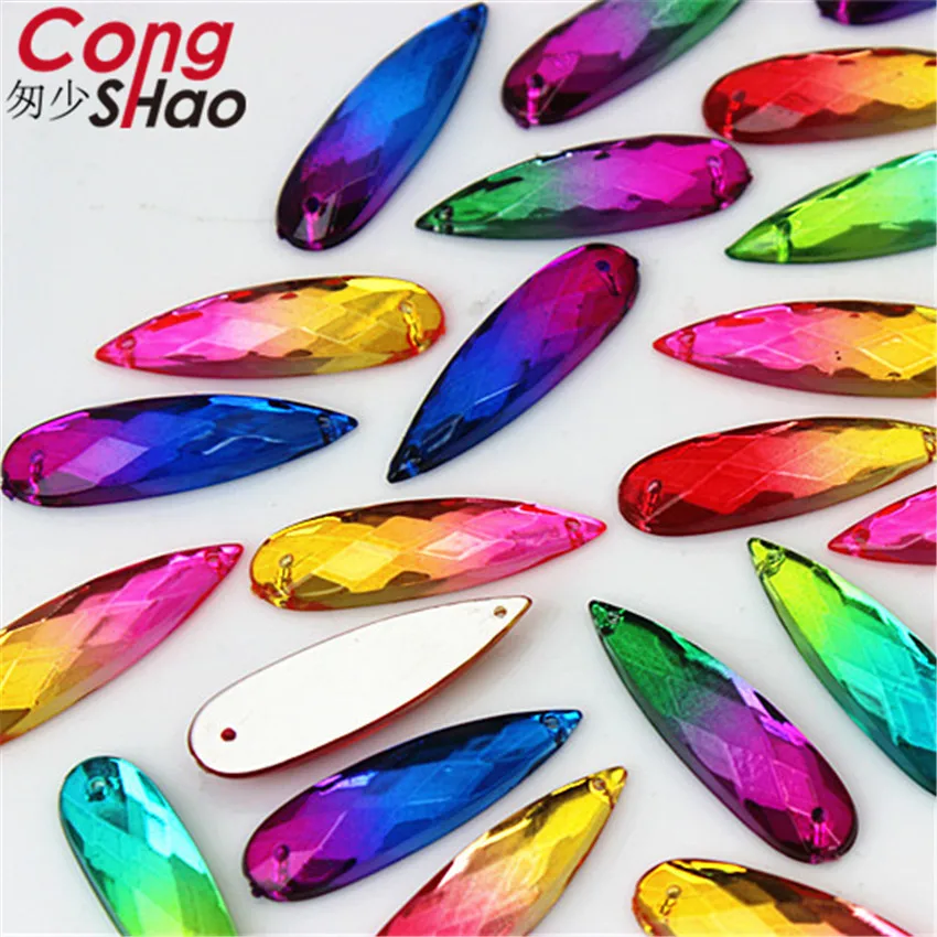 Cong Shao 100pcs 8*28mm Drop Dual color stones and crystals Acrylic rhinestone trim flatback sewing 2 Hole costume Button CS119