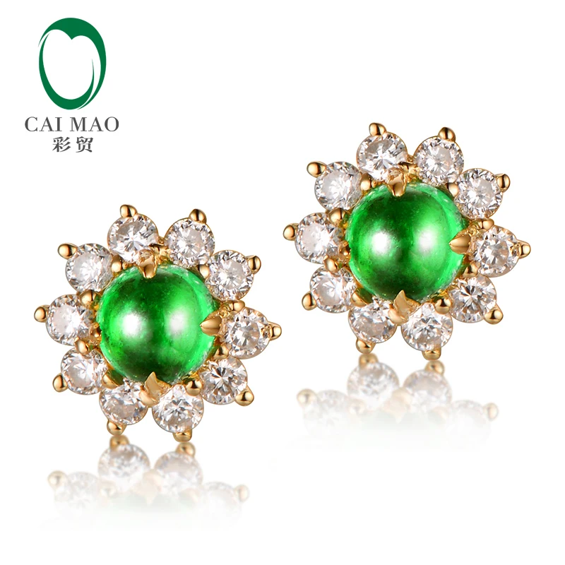 CaiMao Classic Retro 0.26ct Natural 3mm Cabochon Emerald And 0.16ct Diamond 14K Yellow Gold Stud Earrings