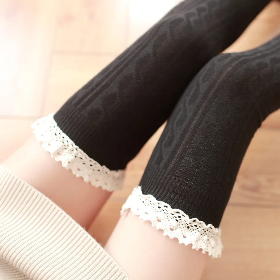 Japanese Style Women Lace Above Knee Socks Preppy Style Striped Cotton Black High Socks Arbitrary Combination Cute Kawaii Socks