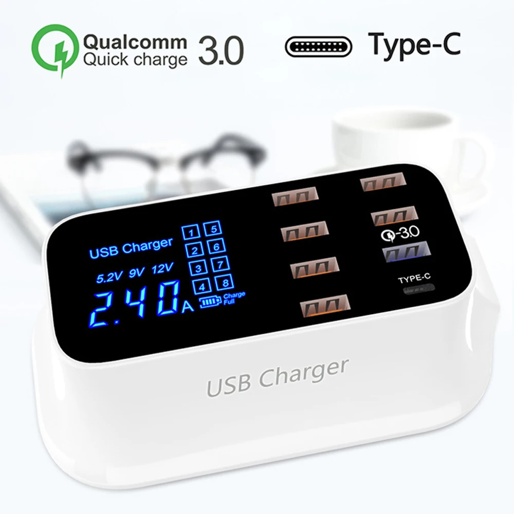 Quick Charge 3.0 USB Type C PD Charger Station Led Display Fast Charging Phone Tablet USB HUB Charger For iPhone Samsung Adapter