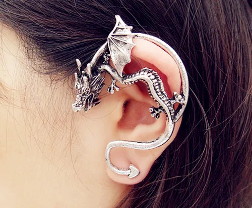Vintage Silver Plated Bronze Punk Metal Fly Dragon Bite Ear Cuff Clip Earrings for Women Fashion Jewelry Wrap Earrings