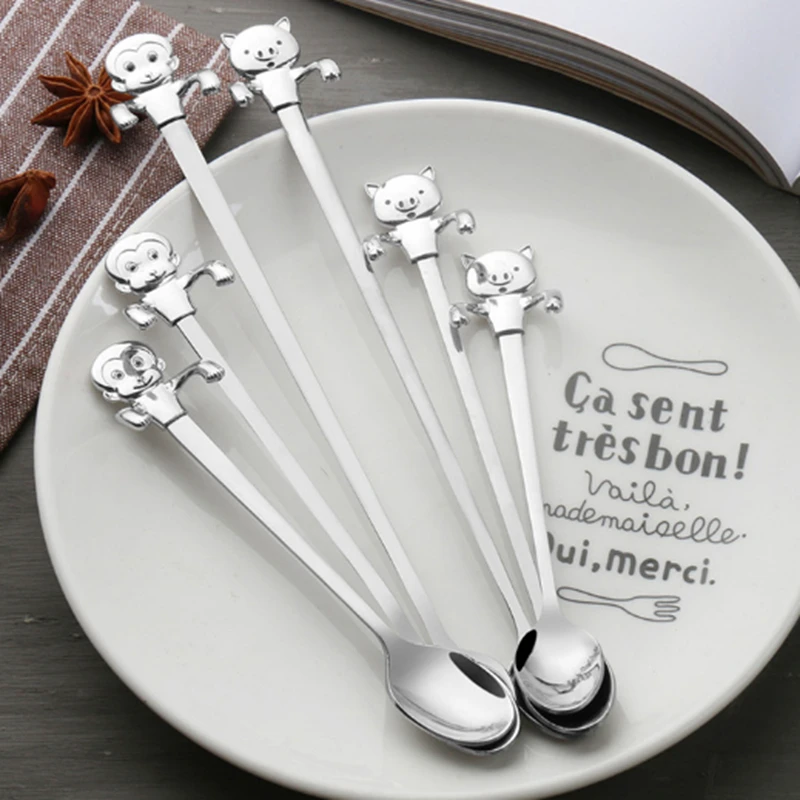 

100pcs New Stainless Steel Mug Hanging Spoon Cute Pig Monkey Cat Coffee Tea Stirring Spoon Dessert Snacks Scoop With No-Slip Han