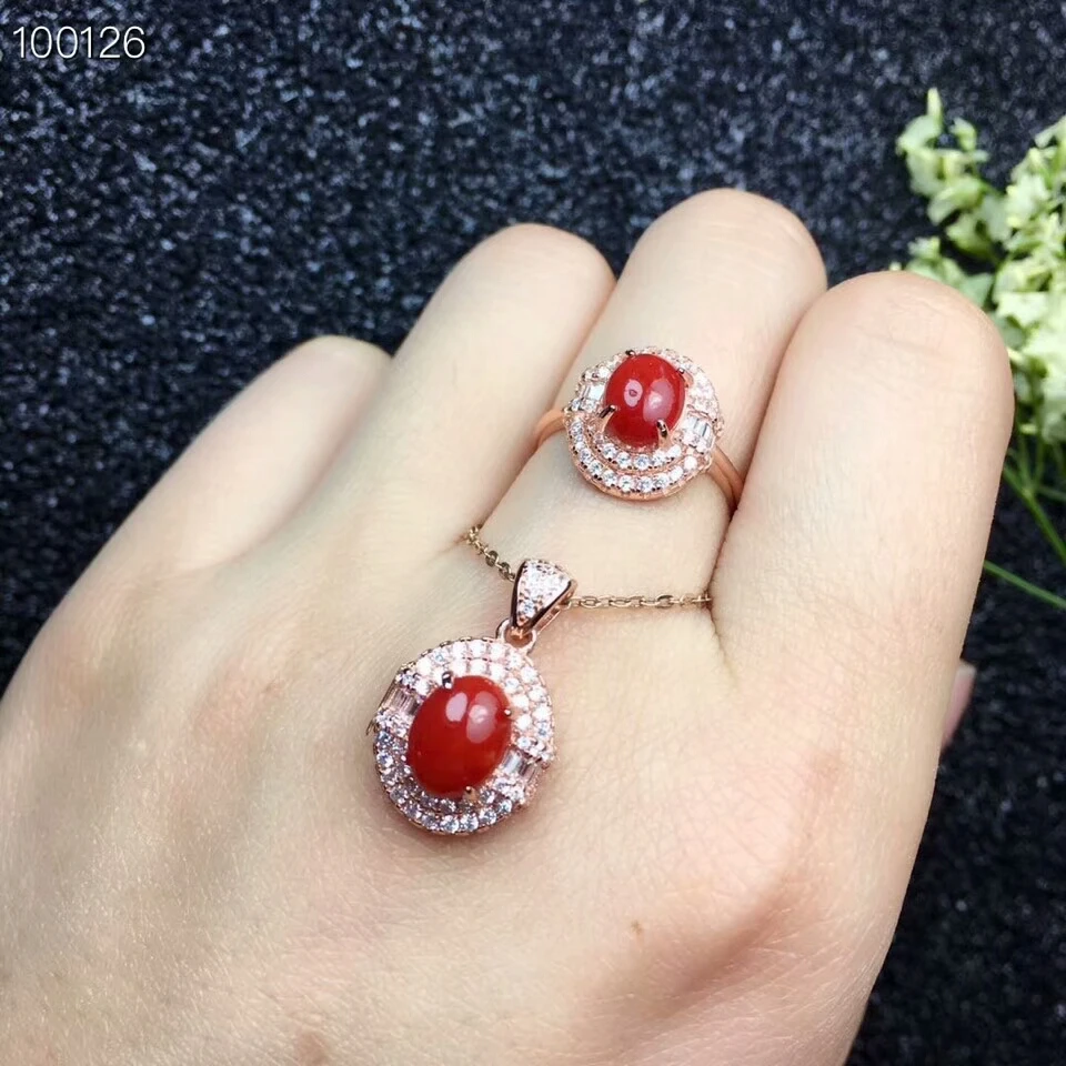 KJJEAXCMY boutique jewels 925 pure silver inlaid natural red coral female ring + pendant suit jewelry support test view 6