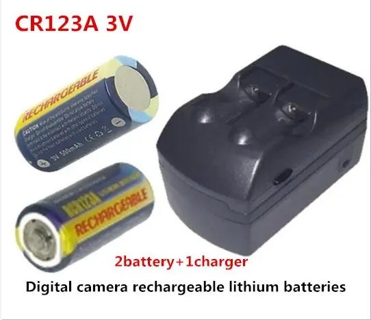 CR123A RCR123A 3V 500mah CR123 lithium battery charger Digital camera rechargeable Li-ion lithium batteries 2battery+1charger