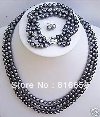 3 rows 5-6mm freshwater black pearl necklace bracelet earrings set