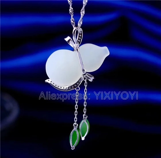 925 Sterling Silver White Green HeTian Jade Inlay Cucurbit Tassels Dangle Lucky Pendant + Chain Necklace Charm Fine Jewelry Gift