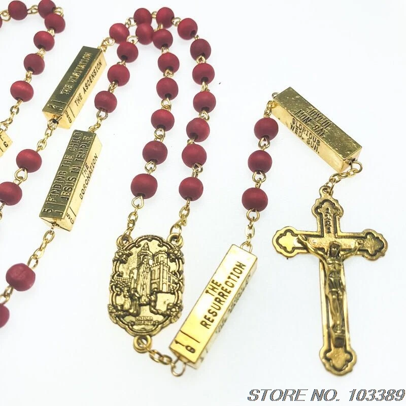 6*7mm red maple wood bead rosary, scented religious necklace, with FATIMA and the five mysteries connector