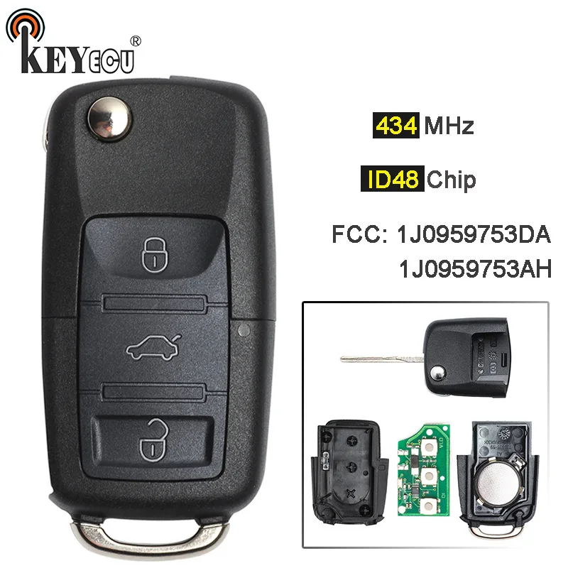 

KEYECU 434MHz ID48 Chip 1J0 959 753 DA / 1J0 959 753 AH Flip 3 Button Remote Key Fob for Volkswagen, for Skoda, for Seat