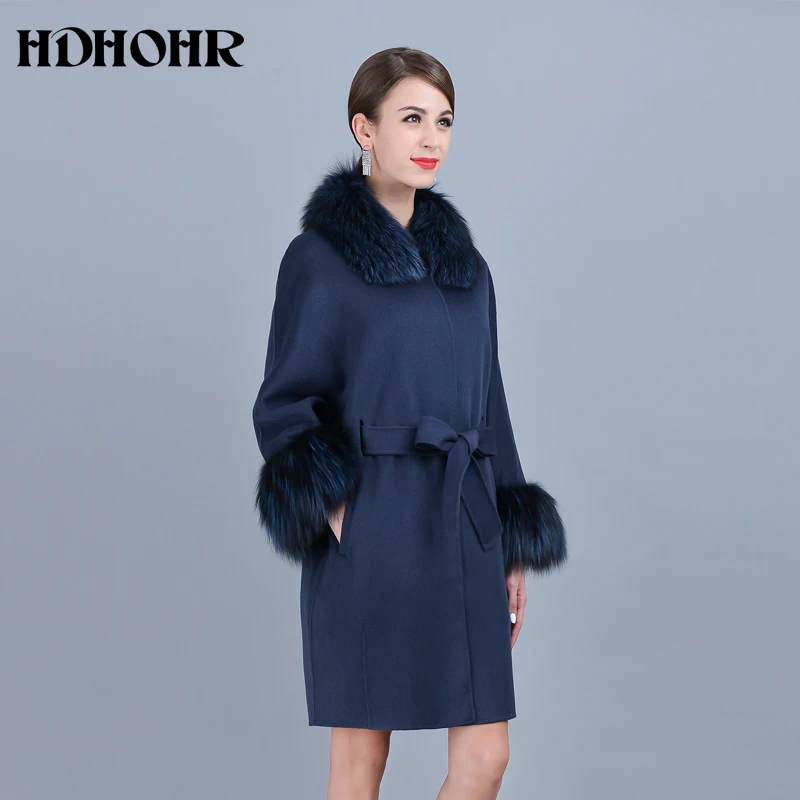 Hdhhr 2025 venda quente casaco de caxemira feminino gola de manga de inverno com jaqueta de pele de raposa real natural casacos de pele de raposa genuína feminino