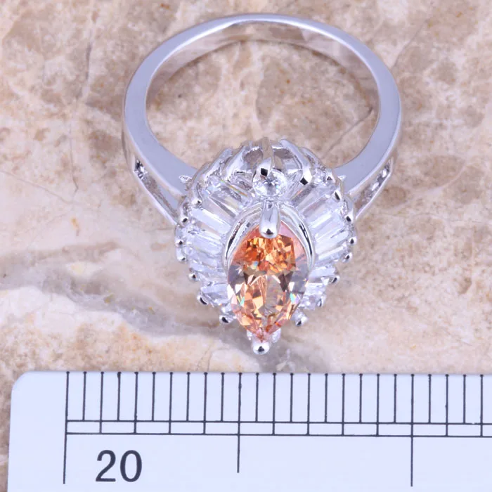 Enchanting Champagne Morganite White CZ Silver Plated  Women's Ring Size 6 / 7 / 8 / 9 R1421