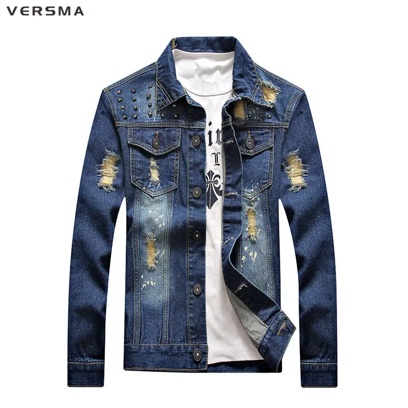 VERSMA Korean Harajuku Womens Mens Denim Shirt Men Chemise Slim Fit Casual Shirt Long Men Ripped Rivet Hip Hop Denim Jacket Boys