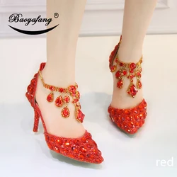 BaoYaFang New arrival Crystal wedding shoes women Red/Silver/shining crystal Thin heels womens party dress shoes Summer sandals