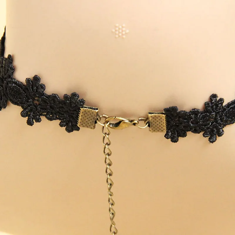 Womens Handmade Gothic Bronze Alloy Floral Cross Black Knitted Lace Choker Short Necklace Collar Lolita Punk Ball Vintage Retro