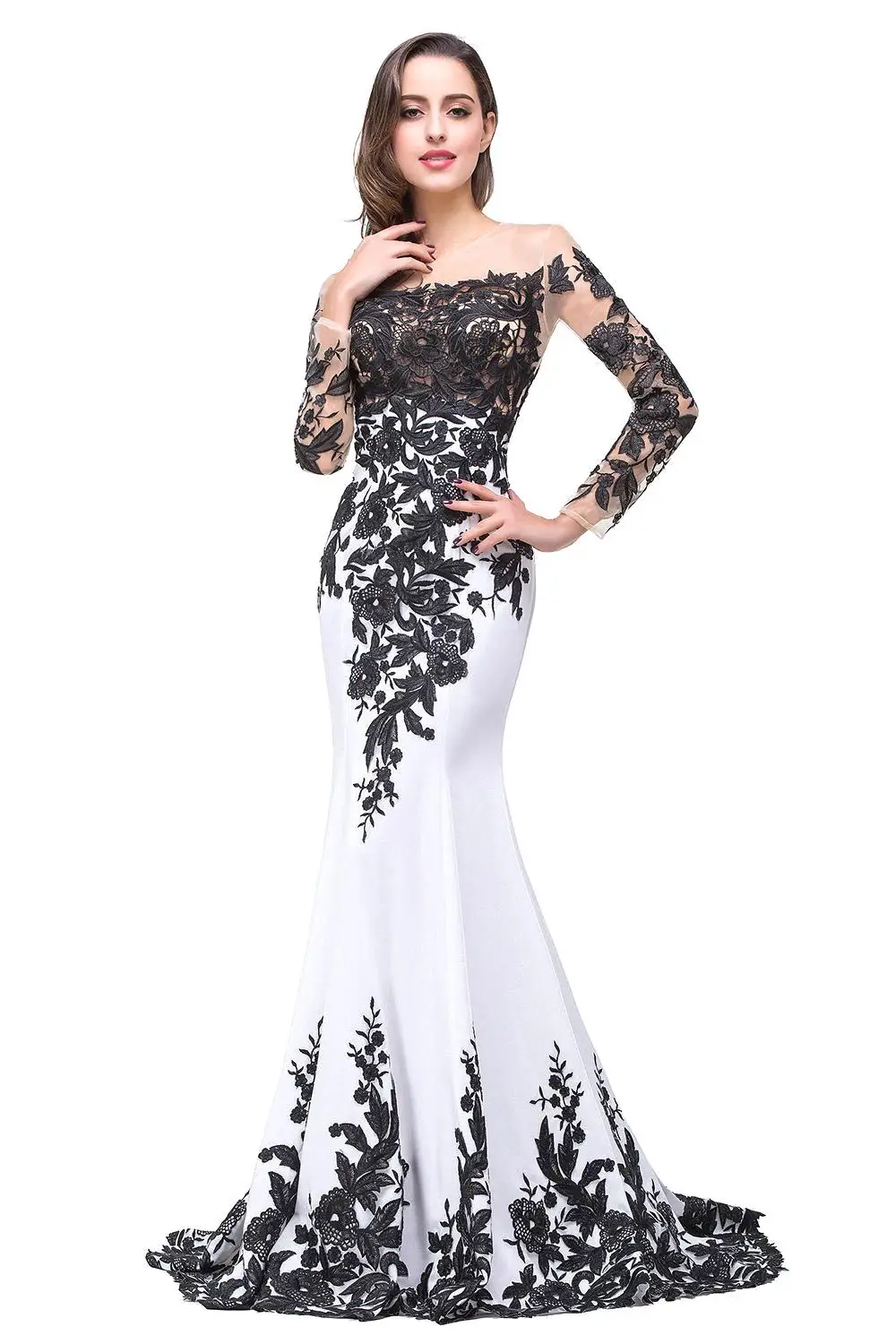 FATAPAESE Robe De Soiree  Long Sleeve Evening Dress 2021 Sexy Cap Sleeve Black Lace Mermaid Prom Dresses Vestido de Festa