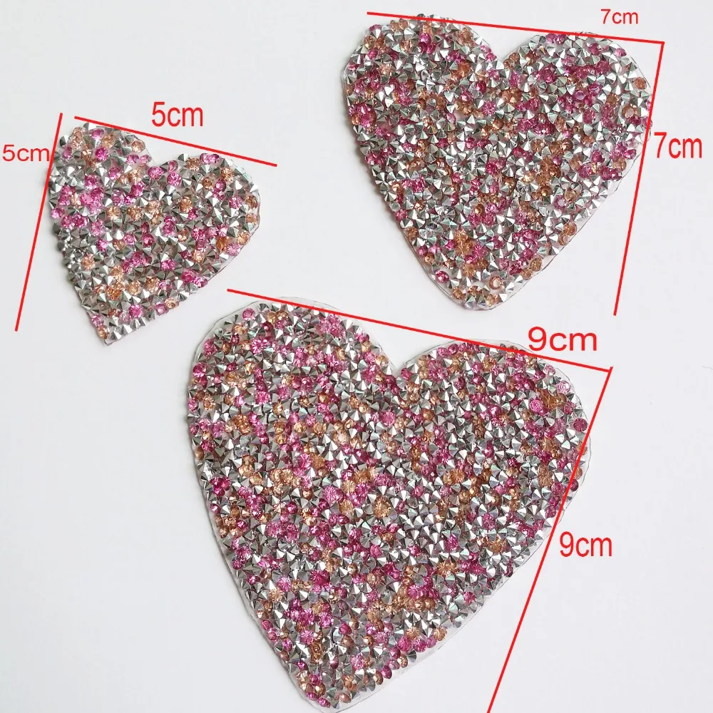 5/7/9cm heart shape hotfix rhinestone motif iron on patches applique for heat transfer clothing shoe bag diy