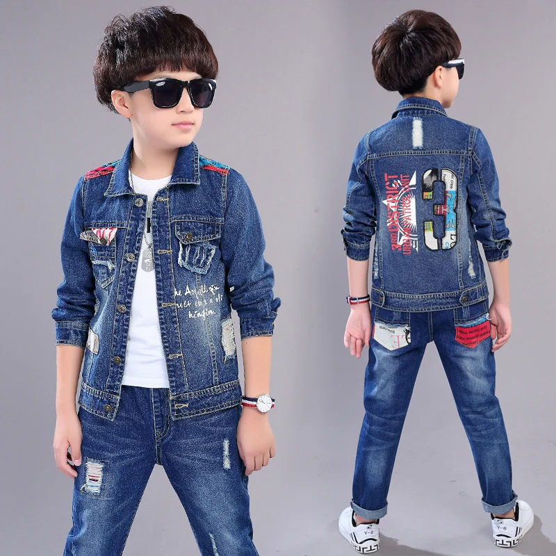 

New Arrival Boys Handsome Denim Clothing Set Spring Fall Children Hole Patches Spliced Coat + Jeans 2 Pcs Kid Casual Clothes B94