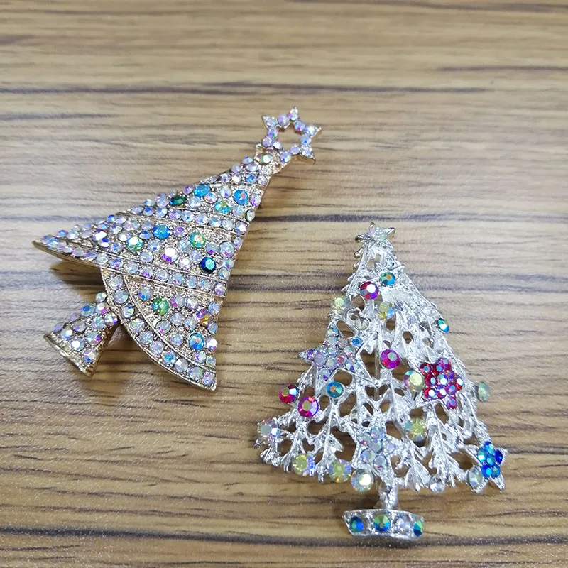 50pcs Fashion Sparkly rhinestone crystal gold and silver Christmas tree Gift Brooch pin for Decoration gift