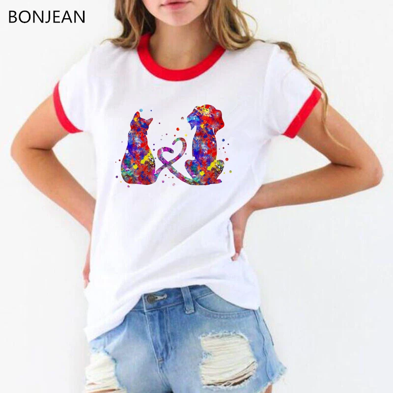 Funny T Shirt Women Watercolor Cat And Dog Print Tee Shirt Femme Love Art T-Shirt Female Harajuku Kawaii Tshirt Korean Clothes