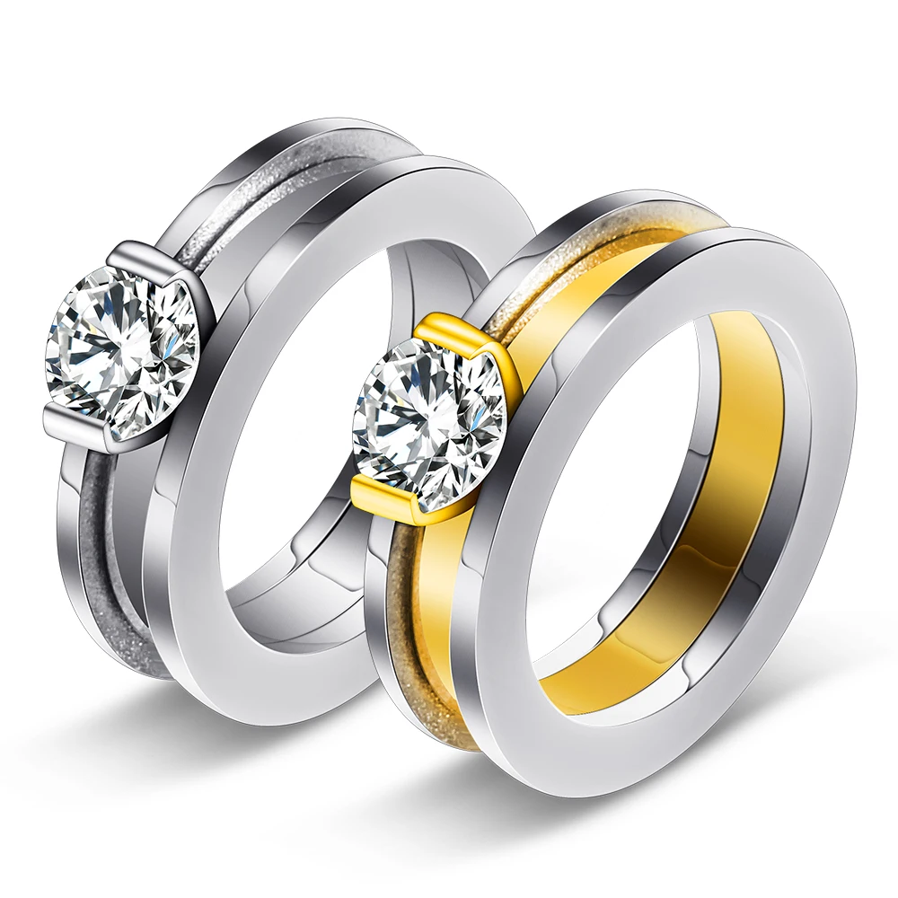 Gold Color Stainless Steel Bow Wedding Rings Made With Austrian Crystal Cubic Zirconia Women Engament