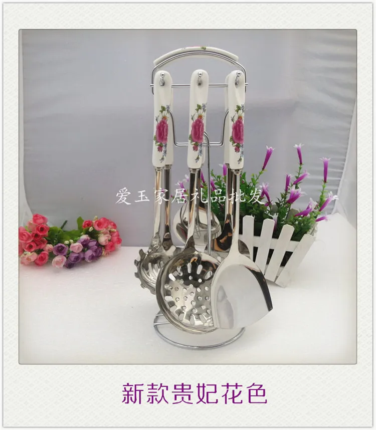 Authentic ceramic cooker handle kitchen utensils seven piece stainless steel shovel  Set Kitchen spatula scoop shovel cooki