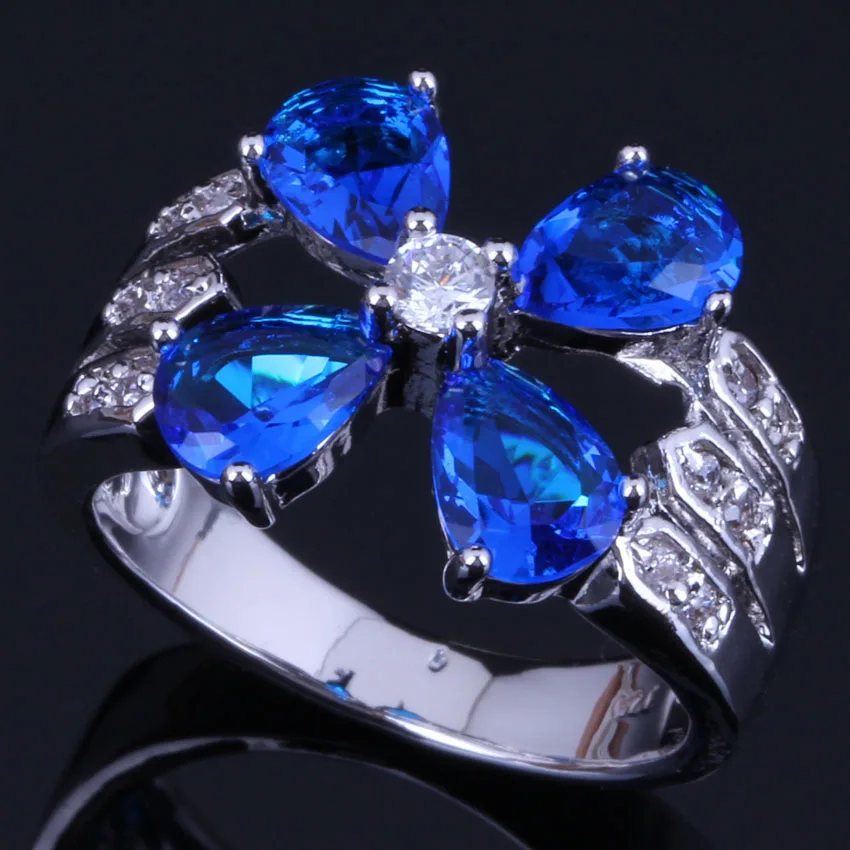 Enchanting Flower Blue Cubic Zirconia White CZ Silver Plated Ring V0428