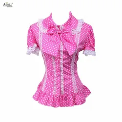 Ainclu XS To XXL Free Shipping Cemavin Womens Cotton Pink Lace Short Sleeves Lady Lolita Cotton Blouse for Party/Halloween