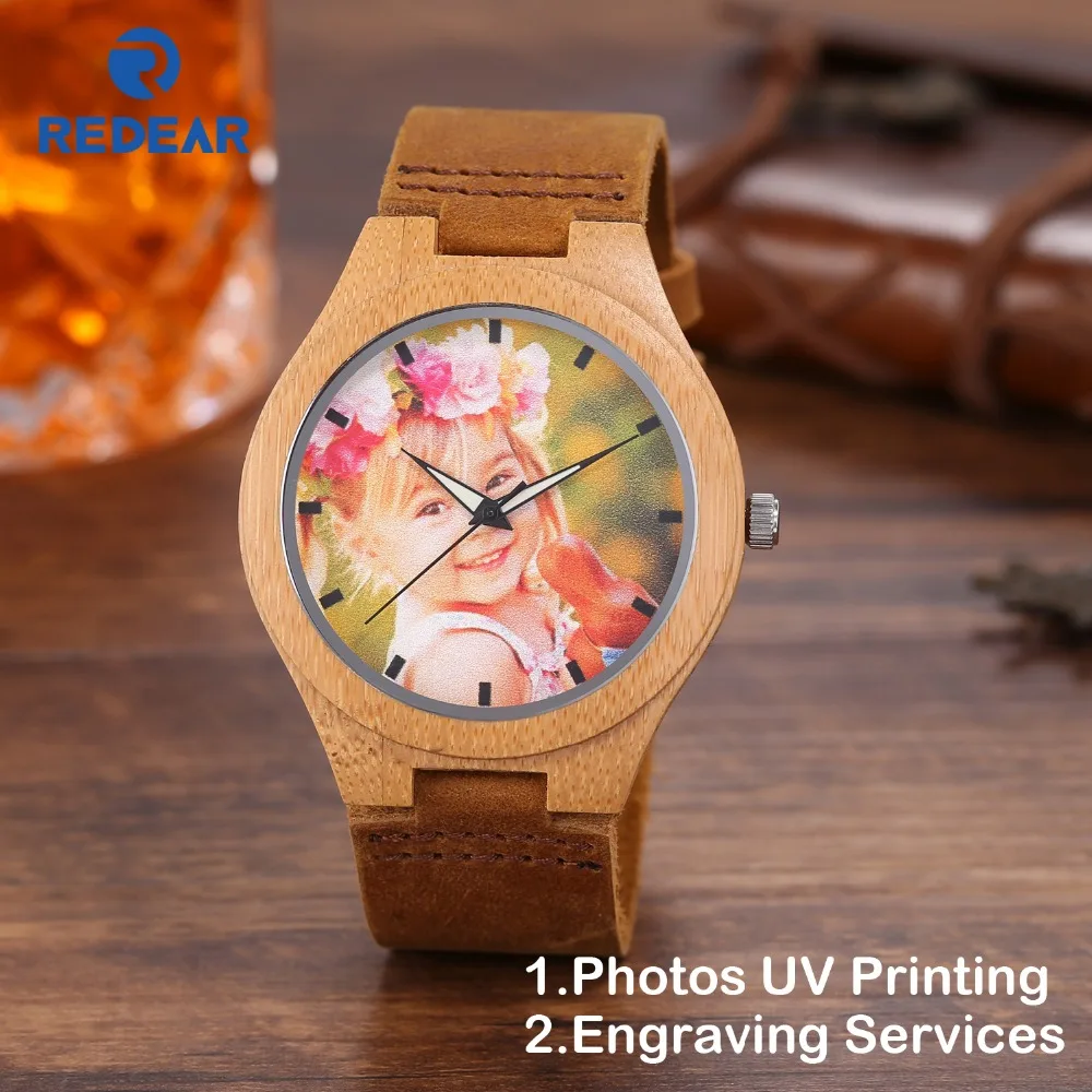 Kreative Geschenk Holz Uhr Männer Frauen Liebhaber Fotos UV Druck auf Holz Uhr OEM Angepasst Geschenk Mann uhren Hochzeit Geburtstag