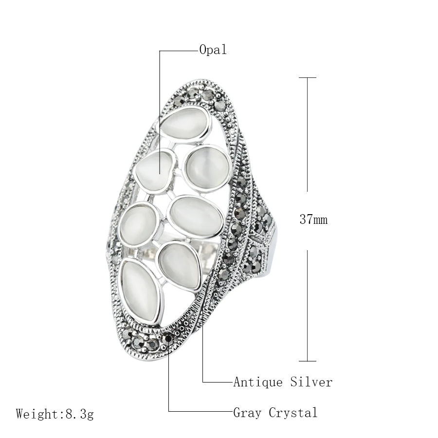 Kinel Luxury Opal Ring For Women Vintage Wedding Jewelry Antique Tibetan Silver Gray Crystal Big Ring Christmas Gifts