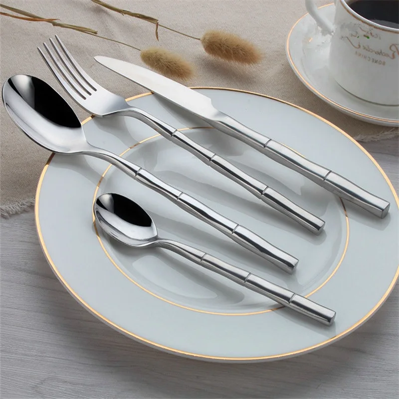 10Set/Lot Stainless Steel Honey Ice Spoon Long Tea Spoons Fork knife set Bamboo Pattern Cutlery Mixing Stirring Teaspoon