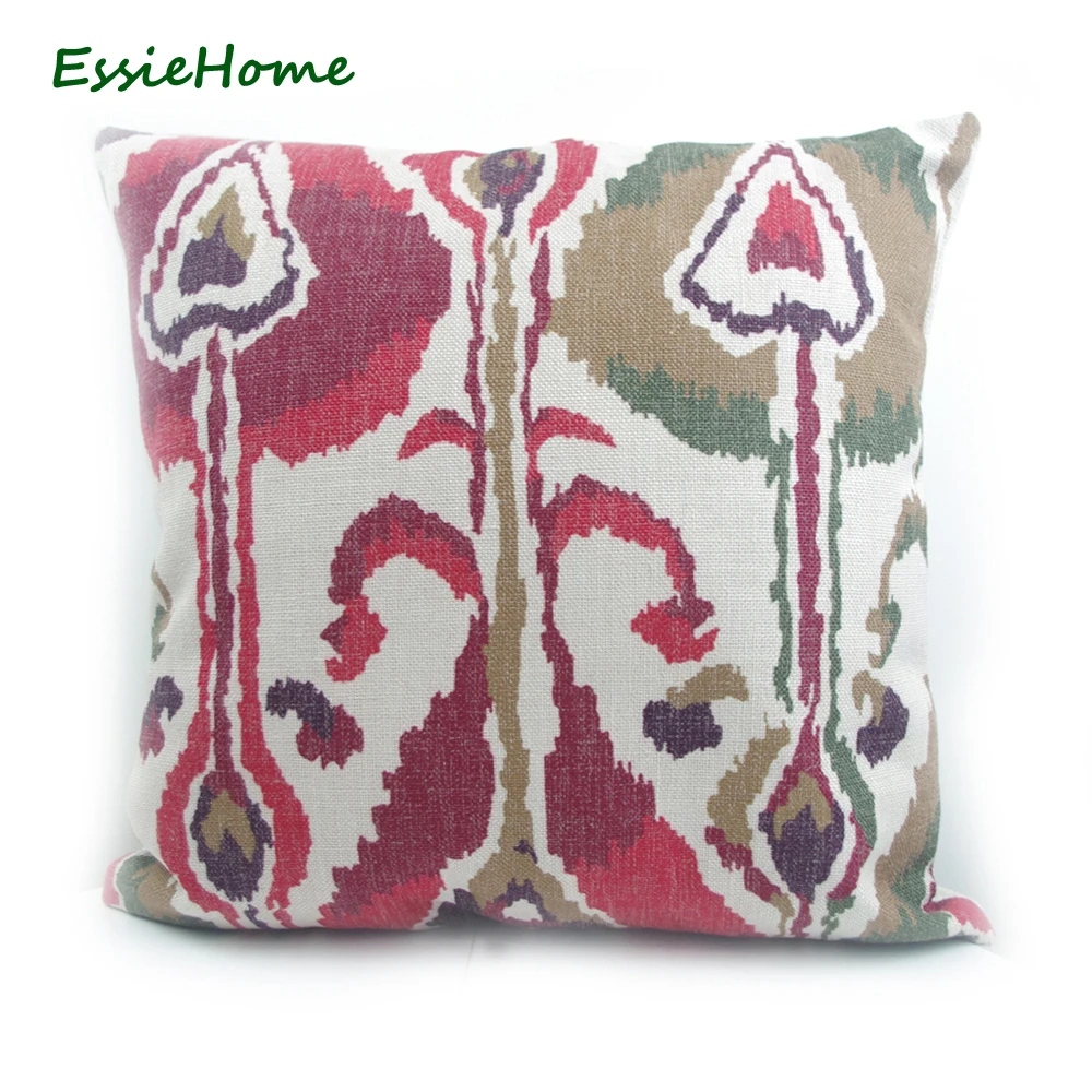 ESSIE HOME High-End Hand Print Light Dark Red Green Brown Ikat Pattern Pillow Case Cushion Cover Sofa Vintage Look Home Decorati