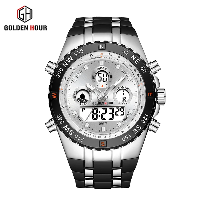 New GOLDENHOUR Outdoor Sports Men Fashion Quartz Watch Mens Luminous Week Calendar Wristwatches Casual Silicon Strap Male Clock