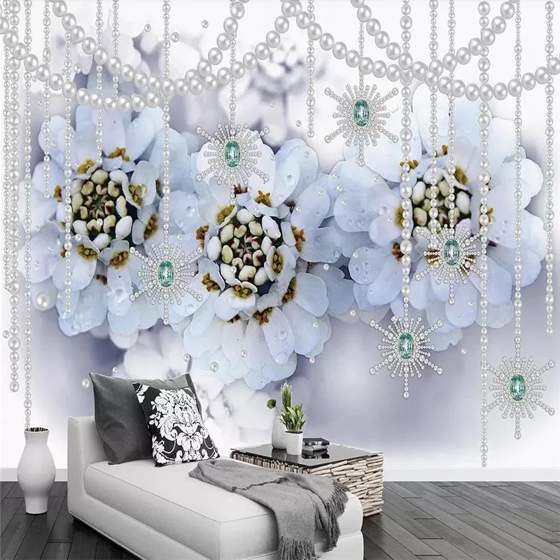 

Custom 3d wallpaper simple blue flower pearl 3D three-dimensional jewelry background wall high-grade waterproof material