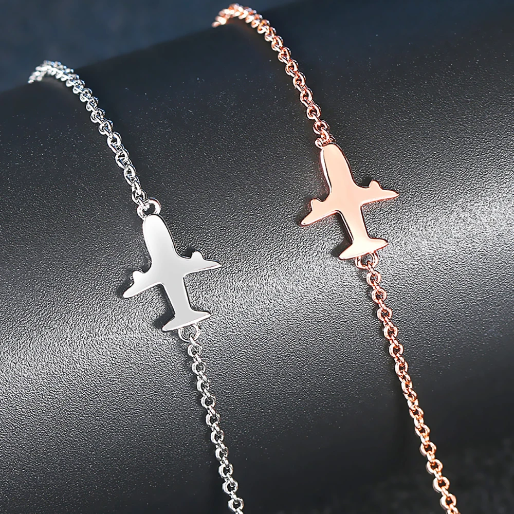 Childlike Airplane Bracelet For Women Simple Little Plane Fly Higher Rose White Gold Color Birthday Gift Fashion Jewelry DZH002