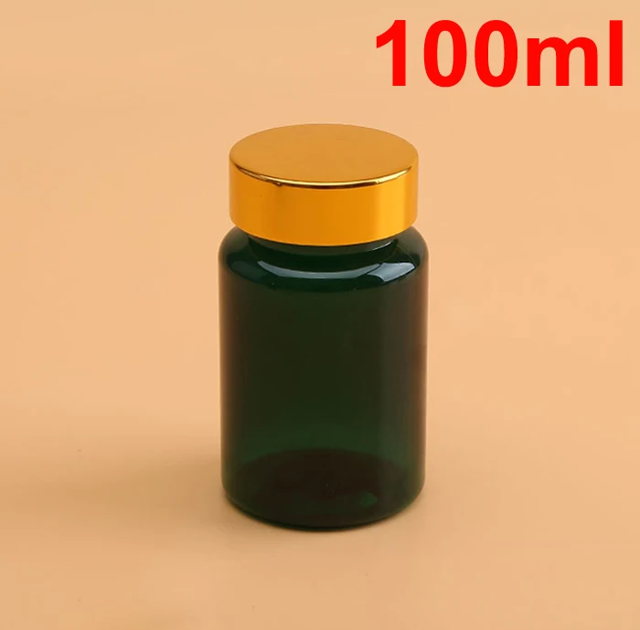 (100pcs/lot) 100cc Translucent  Dark Green PET Bottles Screw Metal Golden Cap, Capsules Bottles, 100ml Plastic Vitamine Bottle