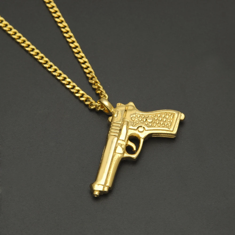 Hip Hop Punk Stainless Steel Machine Pistol Gun Model Pendant Necklaces for Men Jewelry With 3mm 24inch Cuban Chain