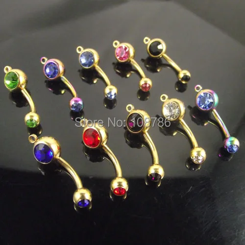 

50pcs/lot vertical hoop add your own charm Gold Navel ring Double Crystal CZ Belly Ring mixed Colors Body Jewelry