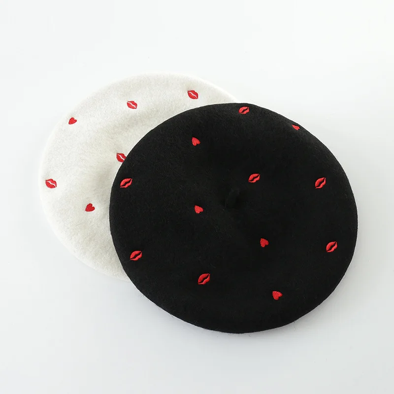 COKK Autumn Winter Hats For Women Lady Wool Beret Embroidered Red Heart Lip Flat Cap Painter Hat Female Boina Soft Gorras Planas