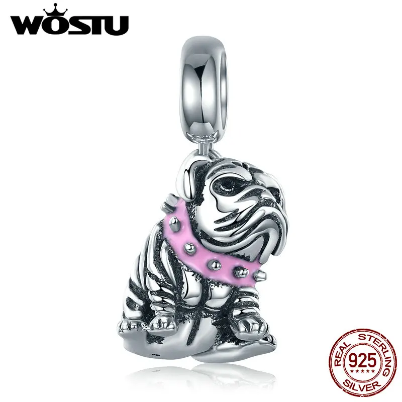 WOSTU 925 Sterling Silver English Bulldog Animal Beads fit Original Charm Bracelet For Women Fashion Jewelry Gift FIC552