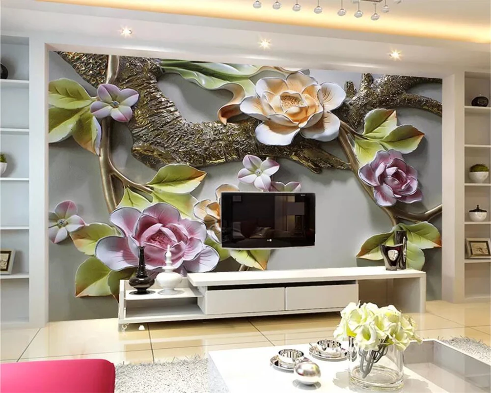 

Beibehang Home decoration mural wallpaper photo boutique 3D flowers and birds embossed TV background wall painting 3d wallpaper