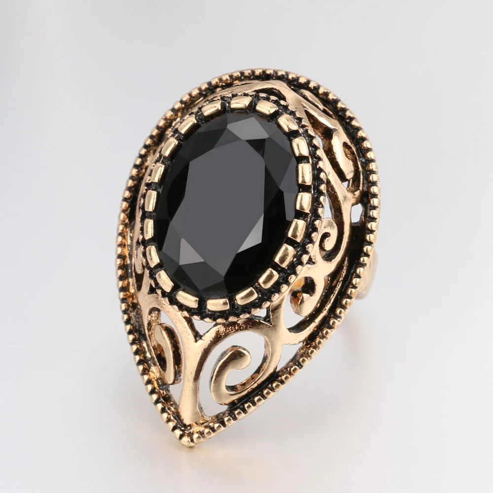 Vintage Indian AAA Cubic Zircon Antique Gold Finger Rings For Women Hollow Water Drop Ring Female Bohemian Turkish Jewelry
